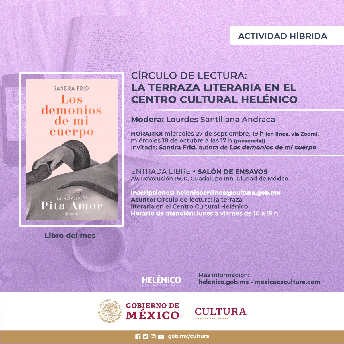 Hoy ven a la #TerrazaLiteraria📚

<a href="/sandrafrid1/">sandra frid</a> nos presenta un retrato íntimo de Pita Amor, en "Los demonios de mi cuerpo" de <a href="/PlanetaLibrosMx/">Planeta de Libros México</a>, ¡conócelo!

Coordina: <a href="/lusanan68/">L. Santillana</a>

📅Actividad presencial y en línea, consulta fechas e inscríbete
📨 helenicoenlinea@cultura.gob.mx