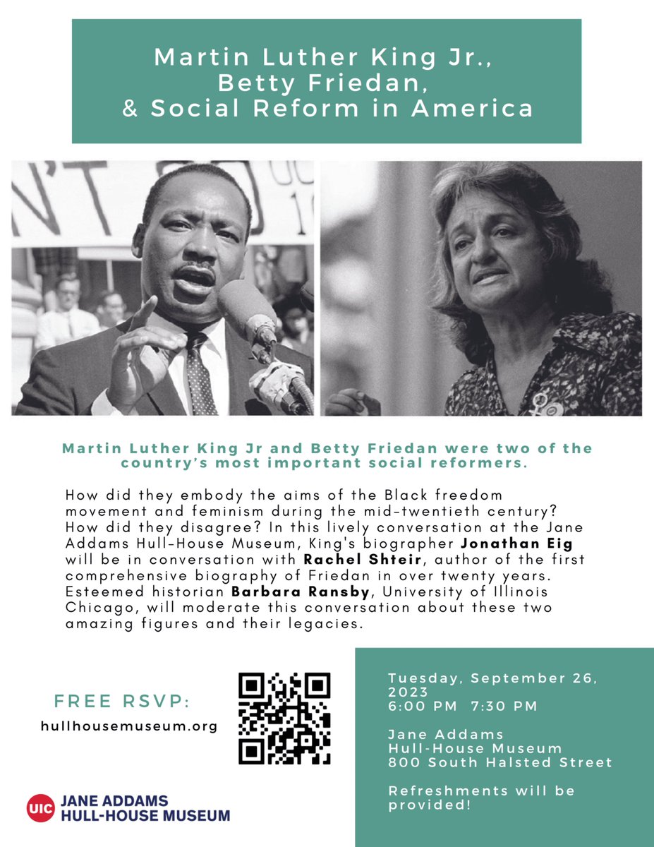 Join SJI Director, <a href="/BarbaraRansby/">Barbara Ransby</a>, as she moderates this fascinating discussion at Hull-House Museum!
Biographers <a href="/jonathaneig/">Jonathan Eig</a> ("King, A Life") &amp; <a href="/RShteir/">Rachel Shteir</a>  ("Betty Friedan, Magnificent Disrupter") will join her in  conversation about their subjects &amp; their roles in social reform.