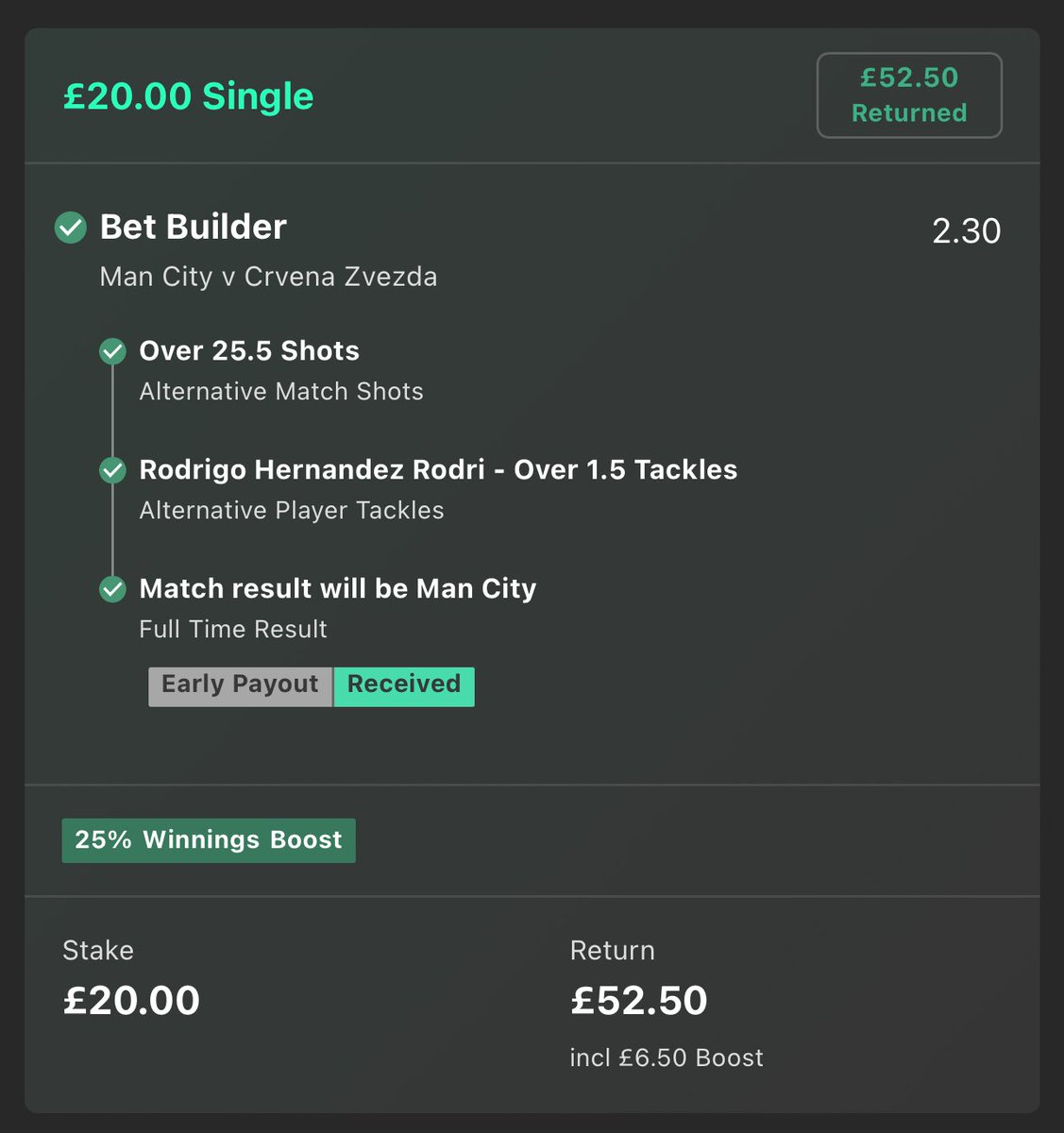 😍 BOOOOOM!!!! 

Rodri coming in clutch with the late tackles!!! 🥳🥳🥳 

I’ll giveaway the full £52.50 cash to someone who LIKES ❤️ this tweet! 

Let’s see those bet slips if you got on 🤑👇