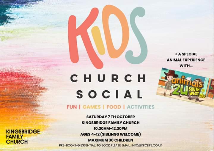KB_FamilyChurch's tweet photo. If your children have been coming along to our Kids Churchwe’d love to invite them to our Kids Church Social! Sat 7th Oct,10.30am-12.30pm
Ages 4-12 (siblings welcome) 
Fun, Games, Food, Activities + a special animal experience
Pre Booking Essential 
#Kingsbridge #KidsChurch #Free https://t.co/Id83YmwnAl