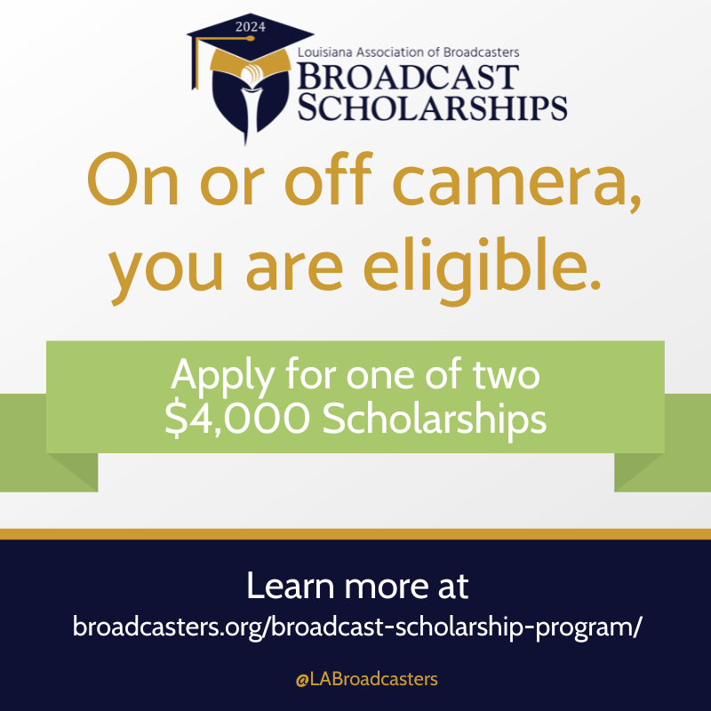LABroadcasters's tweet photo. All Louisiana broadcasting students are eligible for our 2024 Broadcast Scholarships!

Whether you're in front of the camera, writing stories, shooting video or working behind the scenes, we want you to apply!

For more details and application, visit https://t.co/DwApx6PKPC https://t.co/8V8hf8jpK0