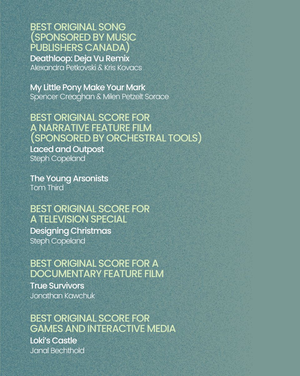 * @stephcopeland5 - #Laced, @OutpostF, #DesigningChristmas * Tom Third - #TheYoungArsonists * @jonathankawchuk - #TrueSurvivors * @JanalMusic - #LokisCastle #CASMAwards #CanadianScreenAwards #Nominees #Composer #Music #BehindTheScenes #BehindTheCamera #TV #Film (3/3)