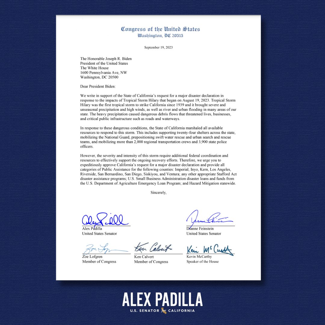 SenAlexPadilla's tweet photo. Tropical Storm Hilary was the first to strike CA since 1939, bringing severe weather and dangerous debris flows, threatening critical public infrastructure.

I called on @POTUS to declare Tropical Storm Hilary a major disaster to address the ongoing impacts and damage. https://t.co/M2aBvfjZe3