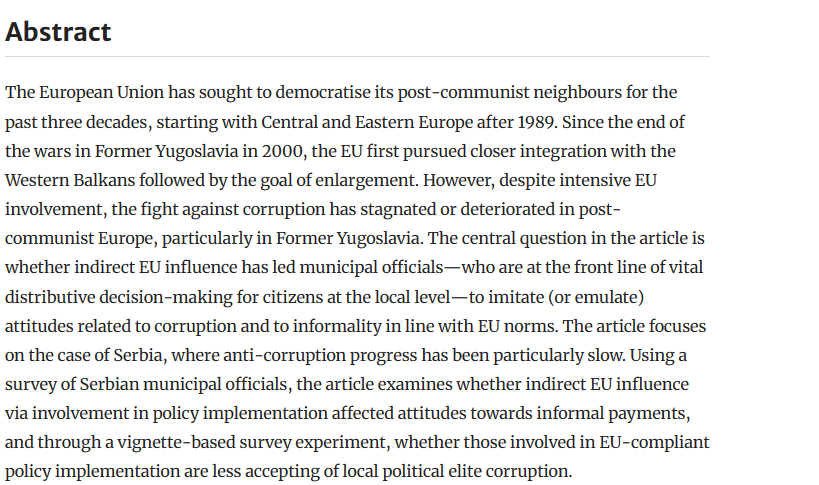 CompEurPol_Jnl's tweet photo. Indraneel Sircar @uclspp discusses “The imitation game: indirect European Union infuence on municipal ofcials’ attitudes towards elite corruption and informal payments”. Open Access.
https://t.co/im8soKJ6R0
#Europeanisation #Corruption #Informality #Postcommunist #Serbia https://t.co/VRwzi7zGBA
