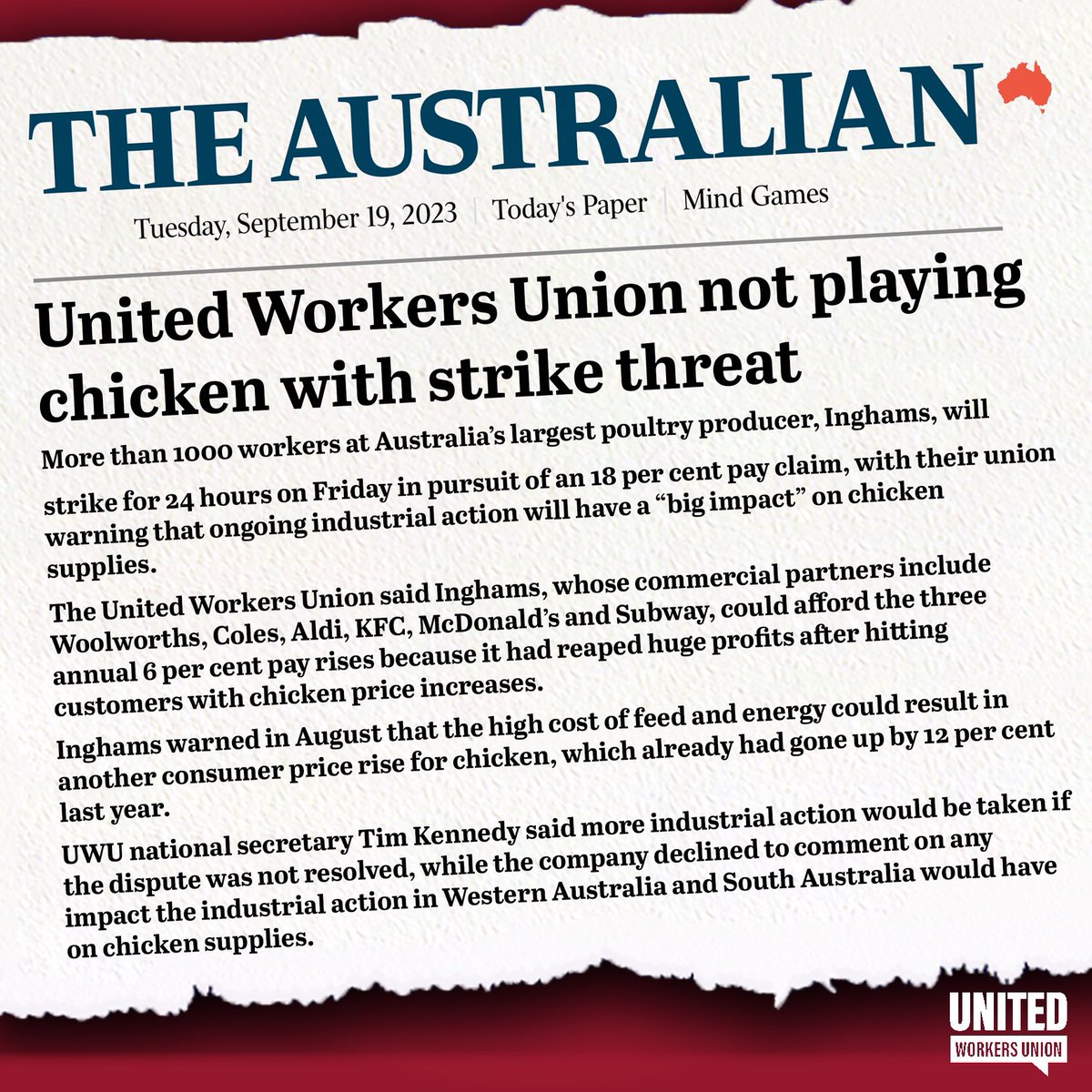 More than 1000 workers at our largest poultry producer, Inghams, will strike this Friday to win a fair pay rise. Despite Inghams soaring profits, many are only earning around $25 an hour. Read the full story (paywall): theaustralian.com.au/nation/united-… #ausunions #auspol