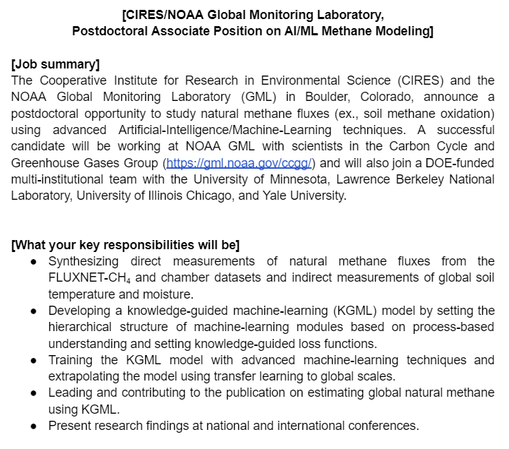 PLEASE SHARE: Are you interested in AI/ML and methane? Good for you! We are hiring a 2-year postdoc to develop a Knowledge-Guided Machine Learning model to estimate global methane soil sinks. For more info, please email me at youmi.oh@noaa.gov. @SparkleLM85 @gavin_mcnicol