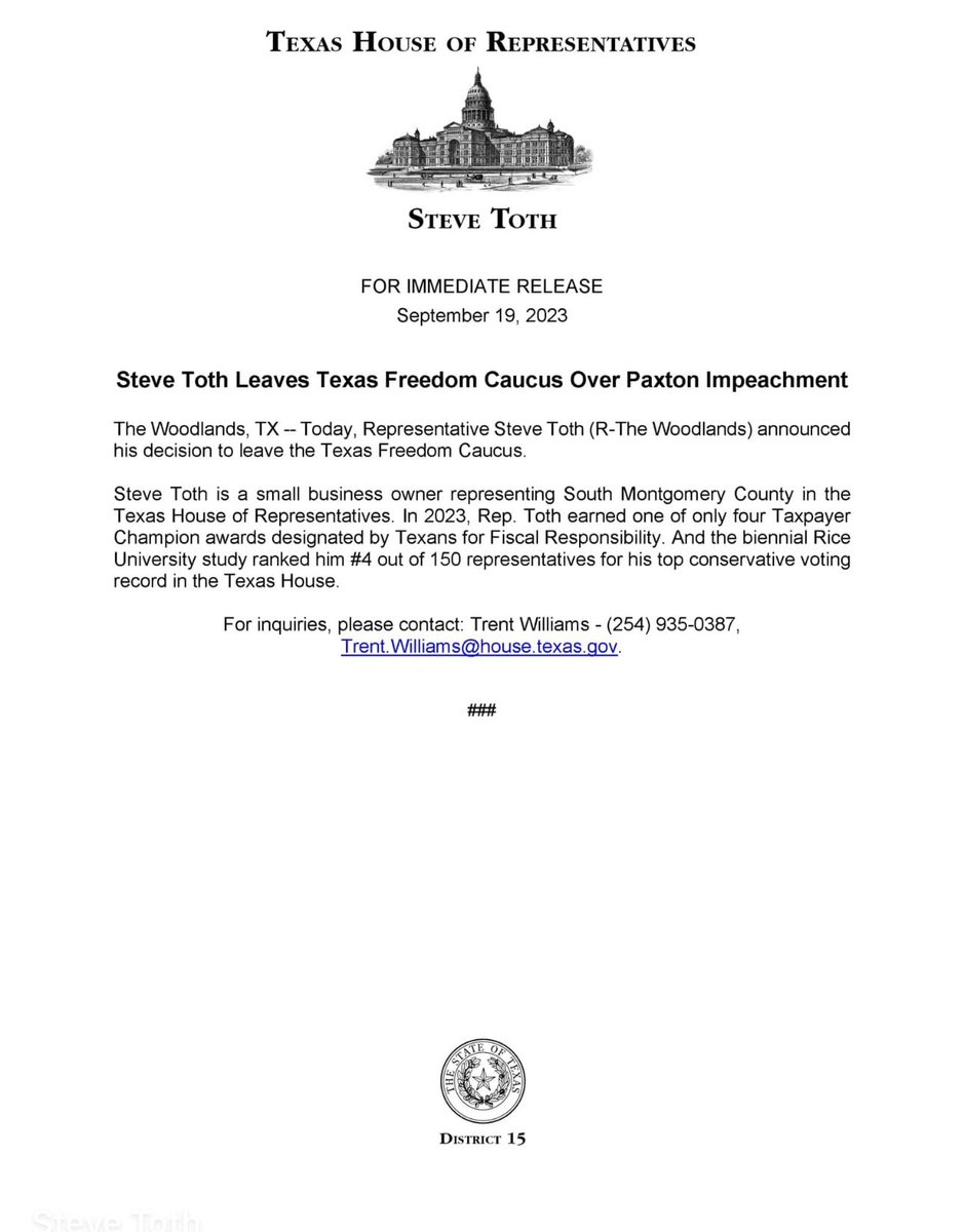 SteveTothTX's tweet image. FOR IMMEDIATE RELEASE: Steve Toth Leaves Freedom Caucus Over Paxton Impeachment

The Woodlands, TX -- Today, Representative Steve Toth (R-The Woodlands) announced his decision to leave the Texas Freedom Caucus.

Steve Toth is a small business owner representing South Montgomery
