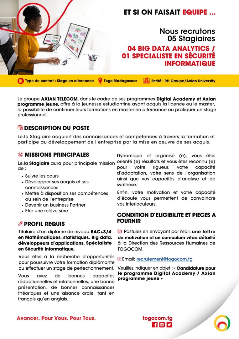 Offre de Stage en Alternance. #DataAnalytics #SécuritéInformatique @togocom_tg <a href="/AxianGroup/">AXIAN Group</a>