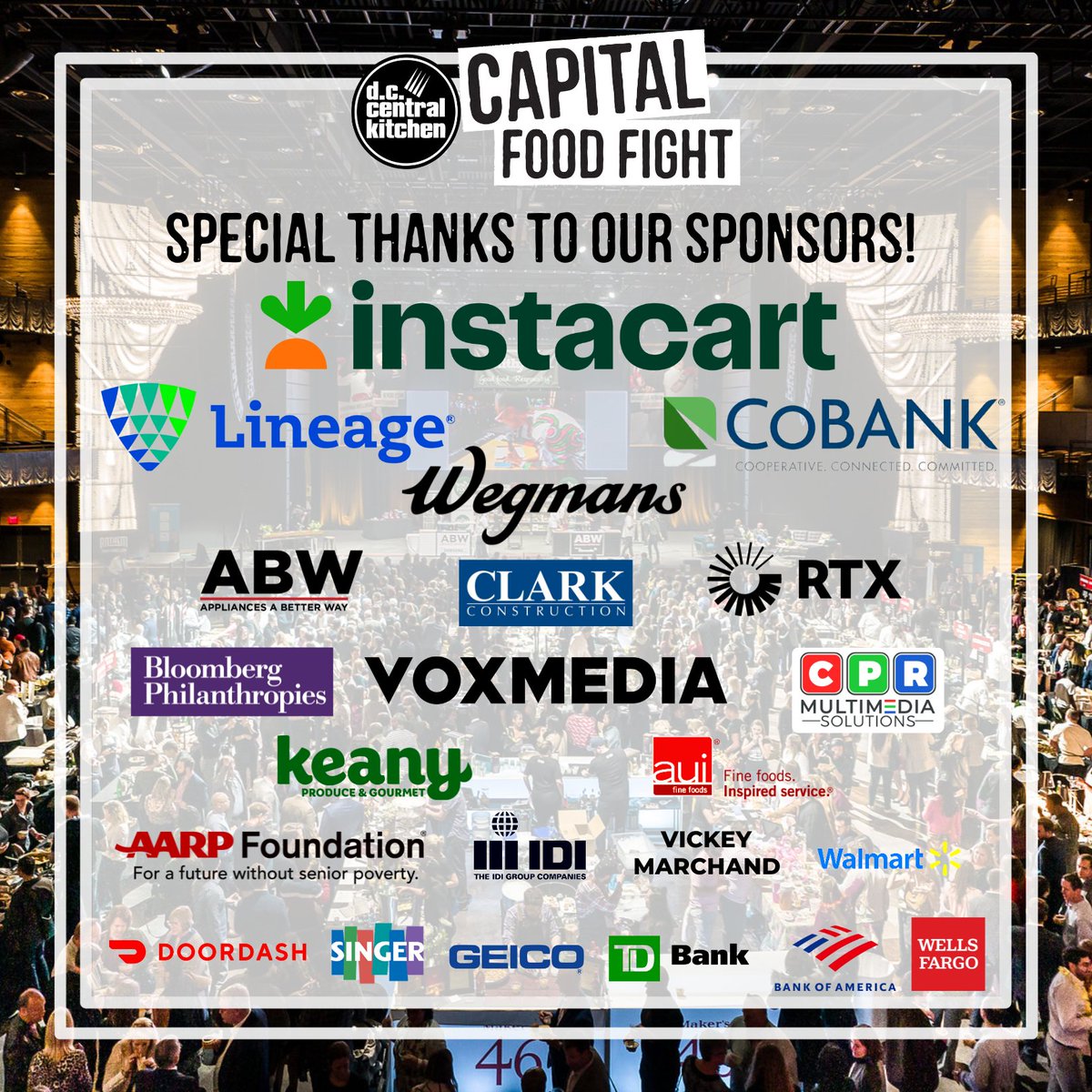 dcck's tweet photo. Capital Food Fight would not be possible without our amazing sponsors. Together, we are fighting to combat hunger and create opportunity! Join us on 11/9 at @theanthemdc for #capfoodfight23! Buy tickets today at https://t.co/KN22aj5RA3! #baddestnightofdoinggood #hungerfighters https://t.co/K0Z0tRrPUf