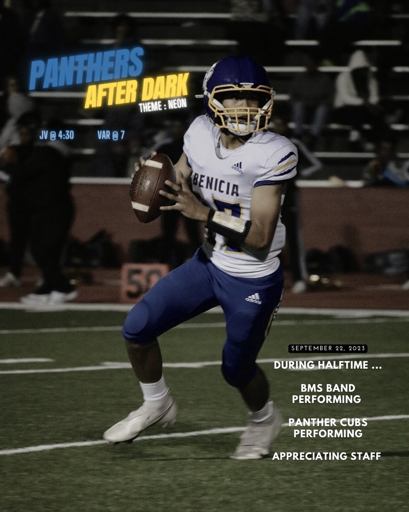 Friday 9/22 Panthers After Dark (neon) student section goes wild as we host LLHS with special performances from our Panther Pep Band &amp; BMS Viking Band, 100+ Panther Cubs performing with BHS Cheer &amp; Staff Appreciation! Tickets on GoFan #GoPanthers 🏈🌜💙💛