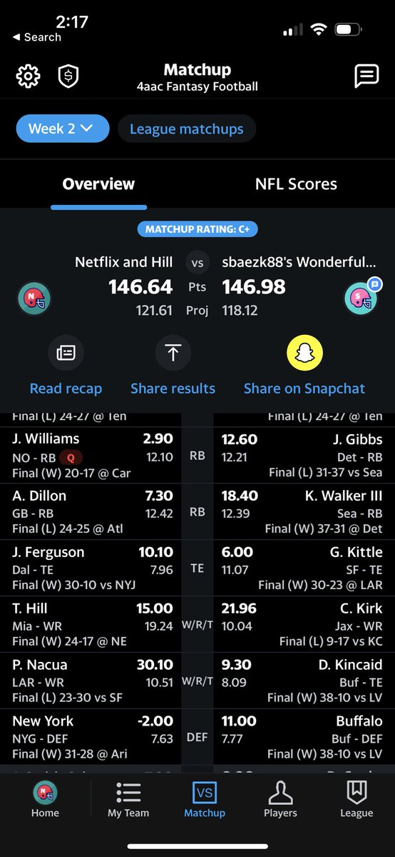 collins923's tweet photo. @YahooFantasy Needed 4 more yards from Jamaal Williams, or for my defense to not put up a -2 spot https://t.co/6cZugK6pZq