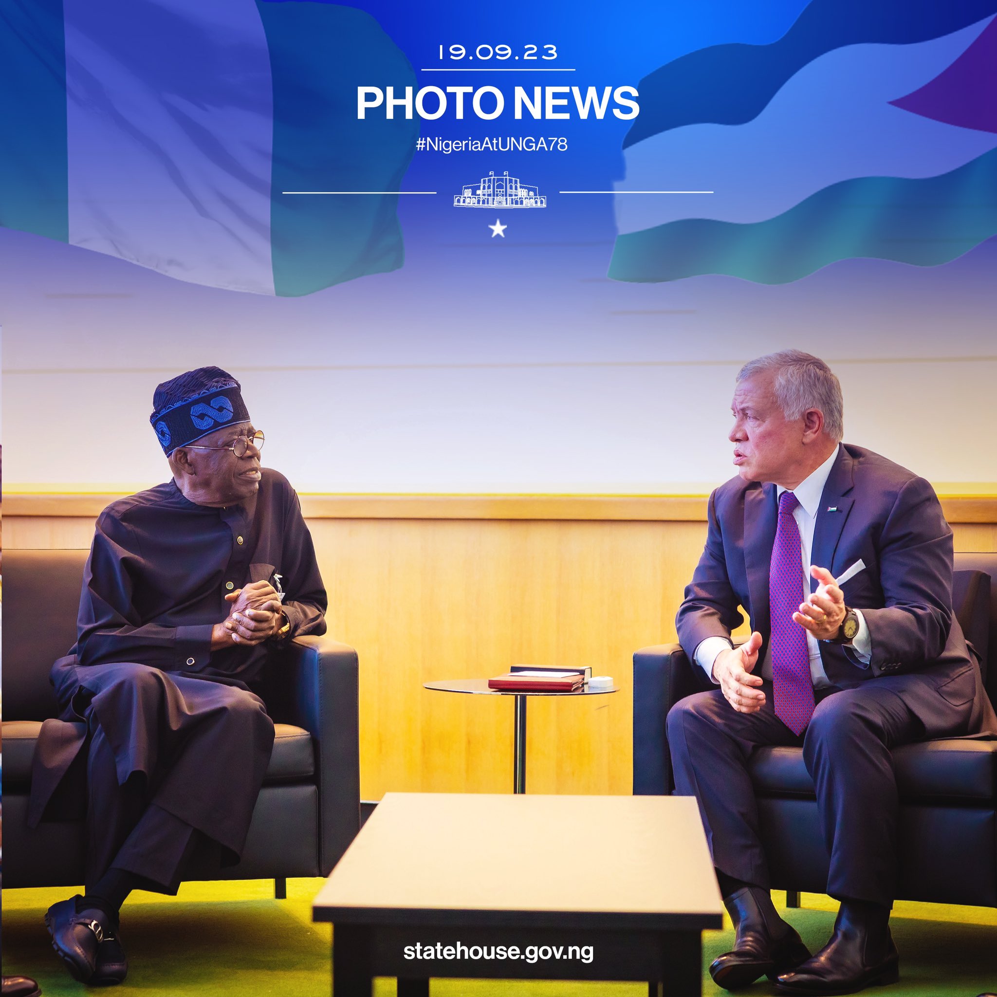 Photo News: President Bola Tinubu @officialABAT in a bilateral meeting with King Abdullah II ibn Al Hussein, King Of Jordan on the sidelines of the ongoing United Nations 78th General Assembly. #PBATatUNGA78 #NigeriaAtUNGA78 #UNGA78