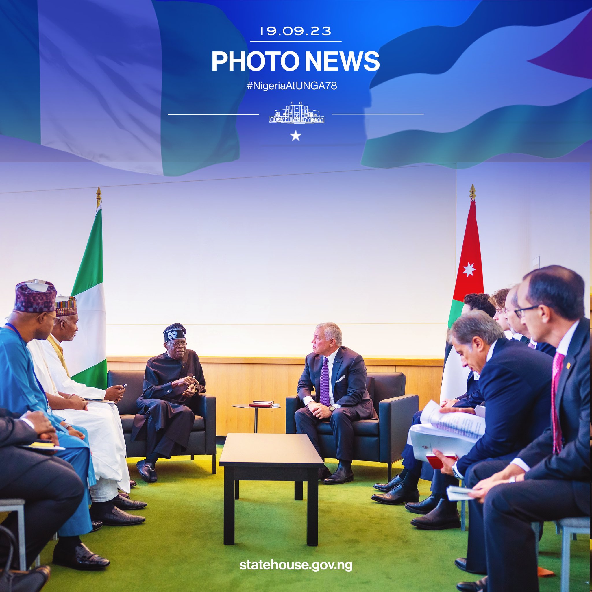 Photo News: President Bola Tinubu @officialABAT in a bilateral meeting with King Abdullah II ibn Al Hussein, King Of Jordan on the sidelines of the ongoing United Nations 78th General Assembly. #PBATatUNGA78 #NigeriaAtUNGA78 #UNGA78