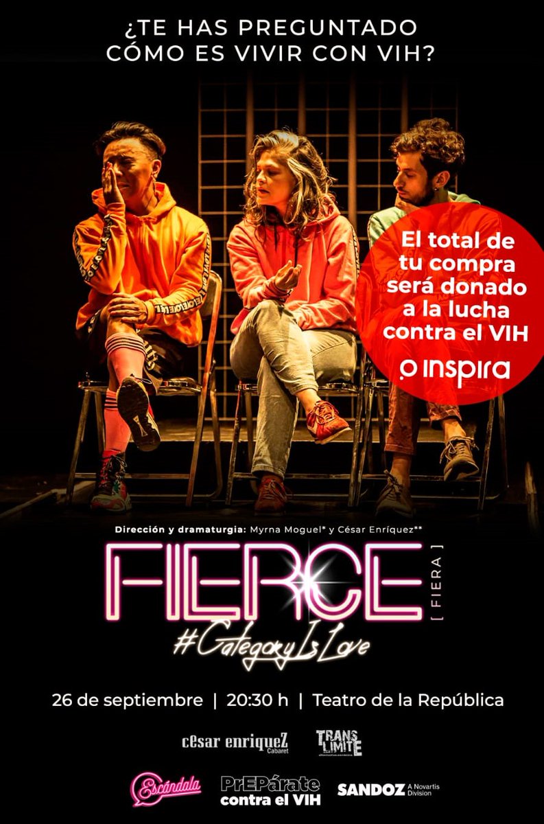 El próximo martes, 26 de septiembre, habrá una función de "Fierce", una obra que nos hace reflexionar  mucho sobre el VIH.

El 💵 de la taquilla será donado a <a href="/InspiraCambioAC/">Inspira Cambio A.C.</a> para su labor de detección, prevención y vinculación. Pueden comprar sus🎟️aquí pridemx.comprarboletos.com/artes-escenica…