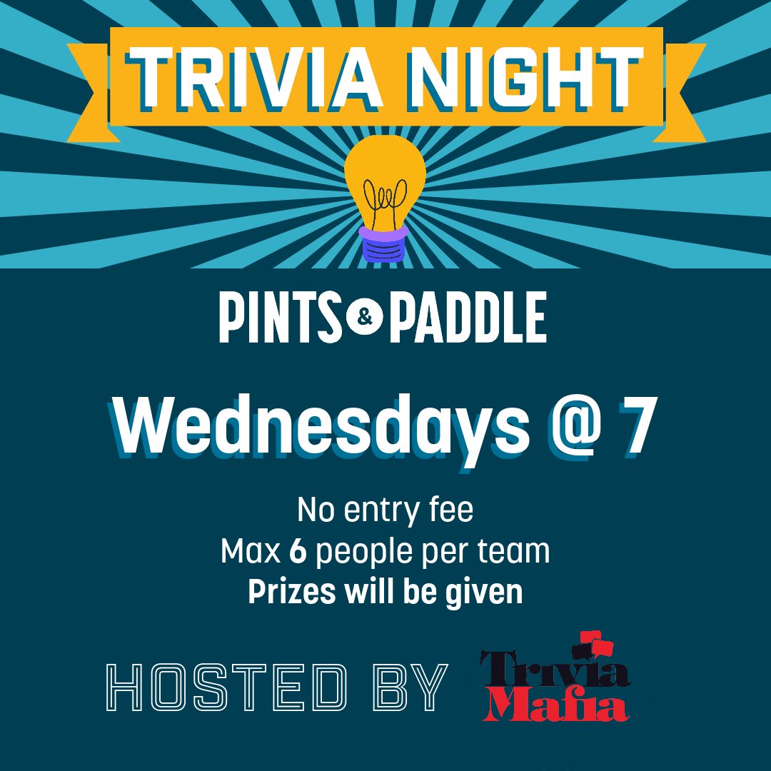 pintsandpaddle's tweet photo. TRIVIA! Tomorrow at 7pm is our first night of trivia hosted by @triviamafia π€
Tag your teammates! Who knows, maybe you will be our very first winner! π
#trivia #bartrivia #triviamafia #pintsandpaddle https://t.co/jfyu5DQrdU