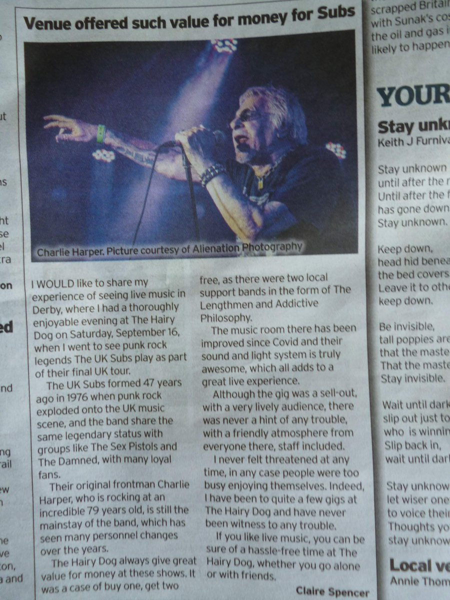 Have to admit, pretty stoked my photo of Charlie Harper from @UKSubs is in tonight’s Derby Telegraph