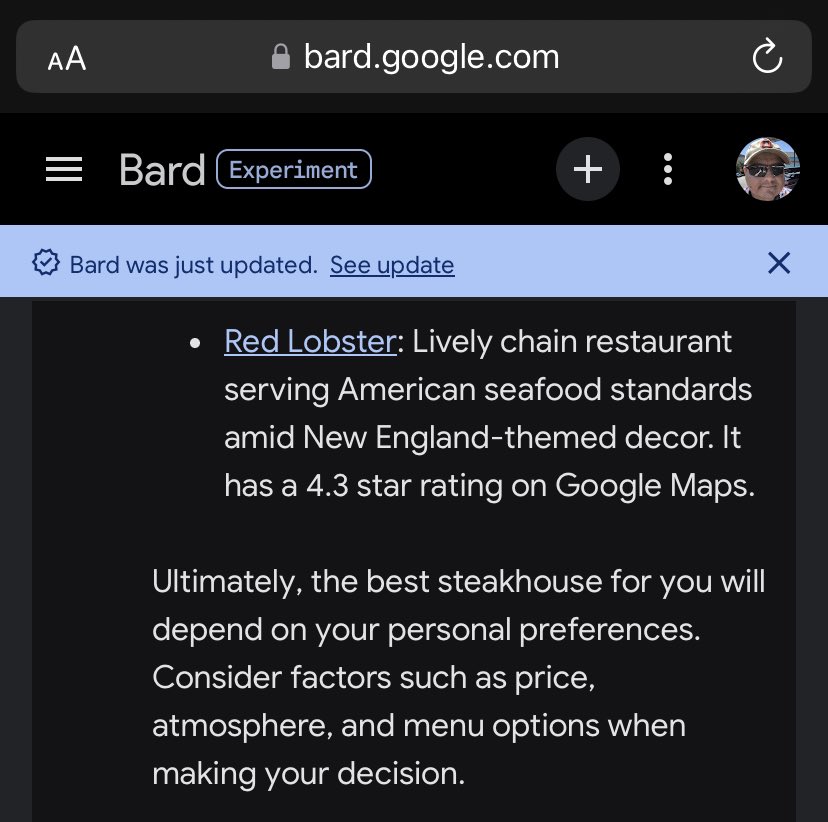 NateDog_LA's tweet image. The prompt was “Where is the best steakhouse in Flagstaff, Arizona?” 

Here was one of the results. 😂
#BardFail
