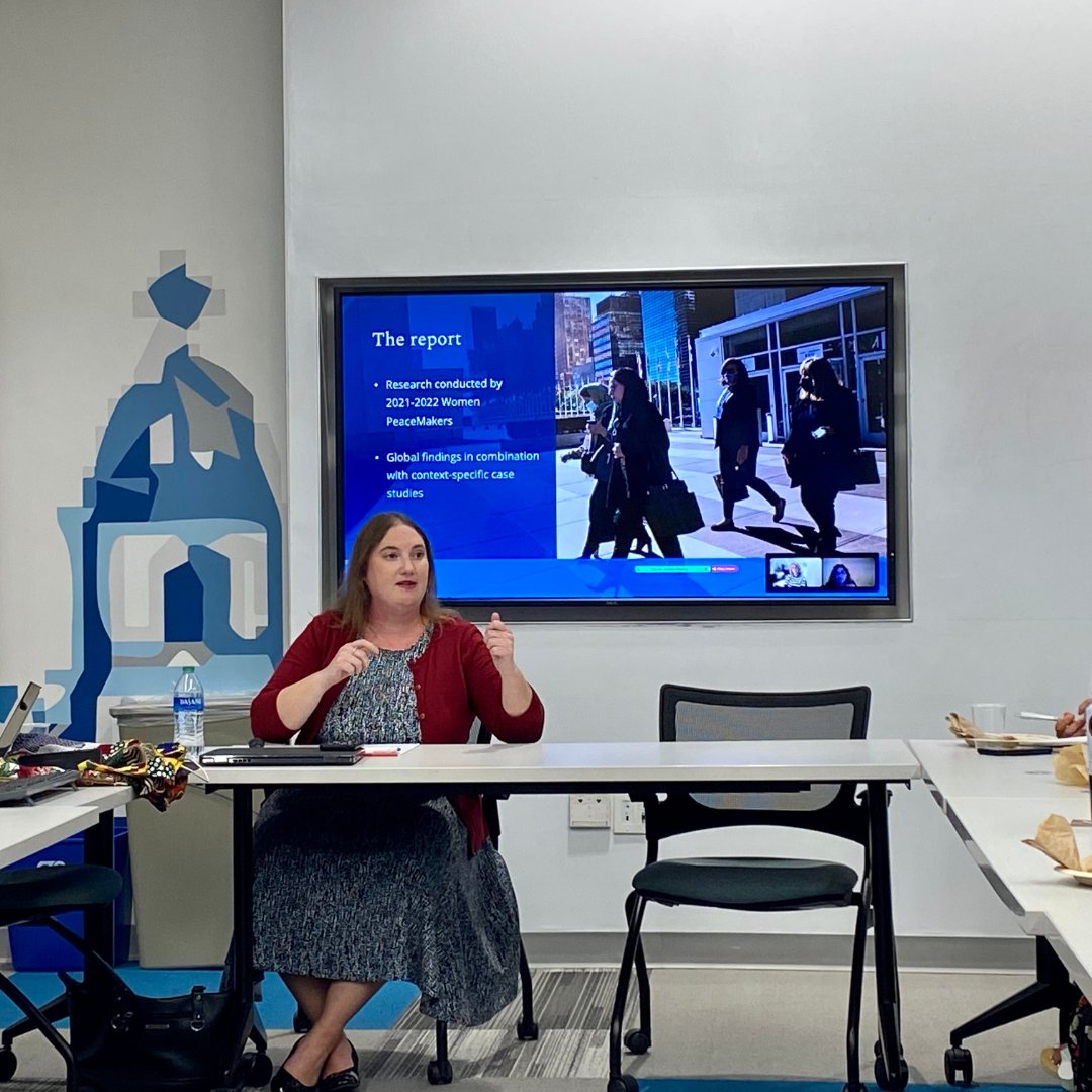 Program Officer for Women, Peace and Security Briana Mawby, primary author of the report Elena B. Stavreska, and 2021-2022 Women PeaceMaker Fellow Nermine Mounir presented findings from the Intergenerational Peacebuilding Among Women report to the @krocschool community.