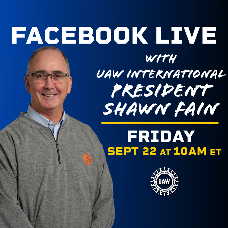 UAW's tweet photo. Join UAW President Fain on Facebook Live Friday at 10am ET for a stand up announcement.
#StandUpUAW https://t.co/NfxQeATRQG