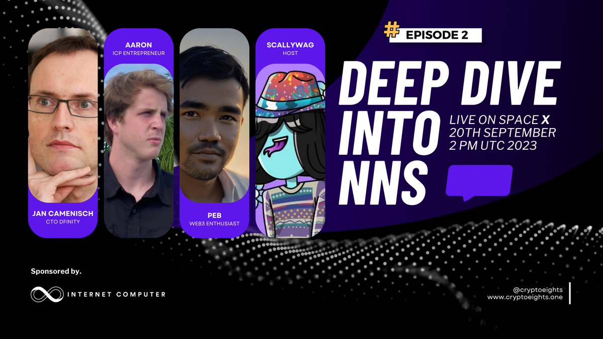 🎙️Web3 Wizards Ep 2 : Deep Dive Into NNS

Join us for a deep dive into  the Network Nervous System (NNS) the world's largest DAO with special guests <a href="/JanCamenisch/">jan</a> (CTO  Dfinity) 🚀

📅 Date: Wed, September 20th
🕑 Time: 2:00 PM UTC
🎙️x.com/i/spaces/1djGX…

$ICP #DFINITY #WEB3