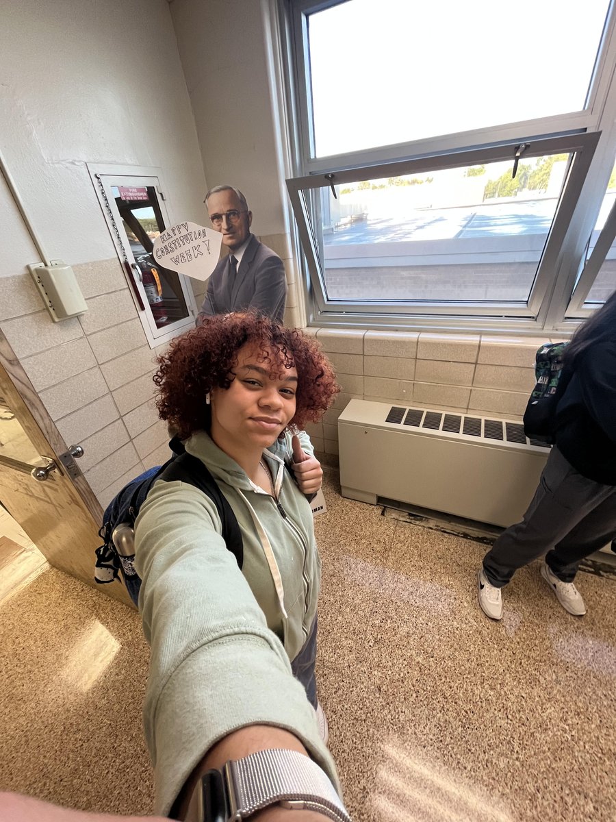 Whitmer_SS's tweet photo. Celebrating Constitution Week @Whitmer_HS this week with a bonus challenge. Students had to find President Truman who was the last president who could serve an unlimited number of terms before the 22nd Amendment imposed a 2-term limit. Thx to the students who shared selfies. https://t.co/oBeMdeQ90M
