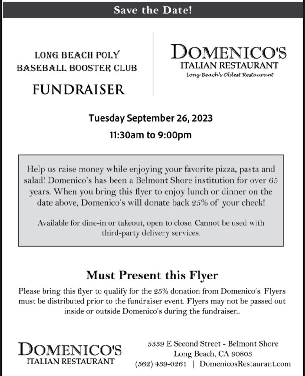 Come join us at Domenico’s in LB for our first fundraiser of the year! 🍕 💚 💛 🐰⚾️ <a href="/LBPolyBaseball/">Long Beach Poly Baseball</a> <a href="/562sports/">The562.org</a>