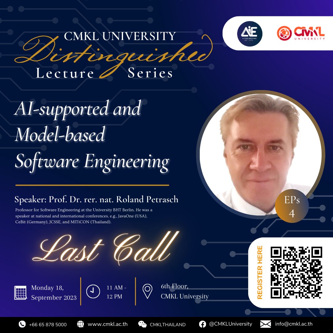 rpetrasch's tweet photo. Talk about "AI-supported Model-based Software Engineering" at CMKL University (collaboration between Carnegie Mellon University and King Mongkut's Institute of Technology Ladkrabang). Post on LinkedIn: https://t.co/E49mbX3tLs
#SoftwareEngineering #AI #modeling #DataScience https://t.co/kYfm9AwyiB