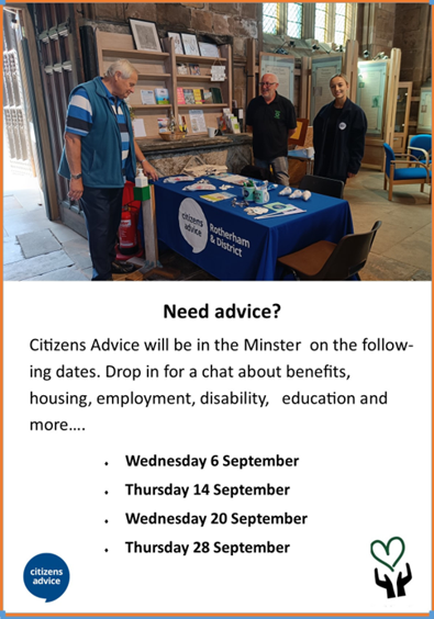 Stag & Rose Court Patient Participation Group (@stag_roseppg) on Twitter photo #WednesdayWisdom from Rotherham <a href="/CitizensAdvice/">CitizensAdvice</a> all the advice you need today at <a href="/RothMinster/">Rotherham Minster</a> 11am - 1pm
#Benefits #housing #employment #disability and much more #WednesdayWisdom from Rotherham <a href="/CitizensAdvice/">CitizensAdvice</a> all the advice you need today at <a href="/RothMinster/">Rotherham Minster</a> 11am - 1pm
#Benefits #housing #employment #disability and much more