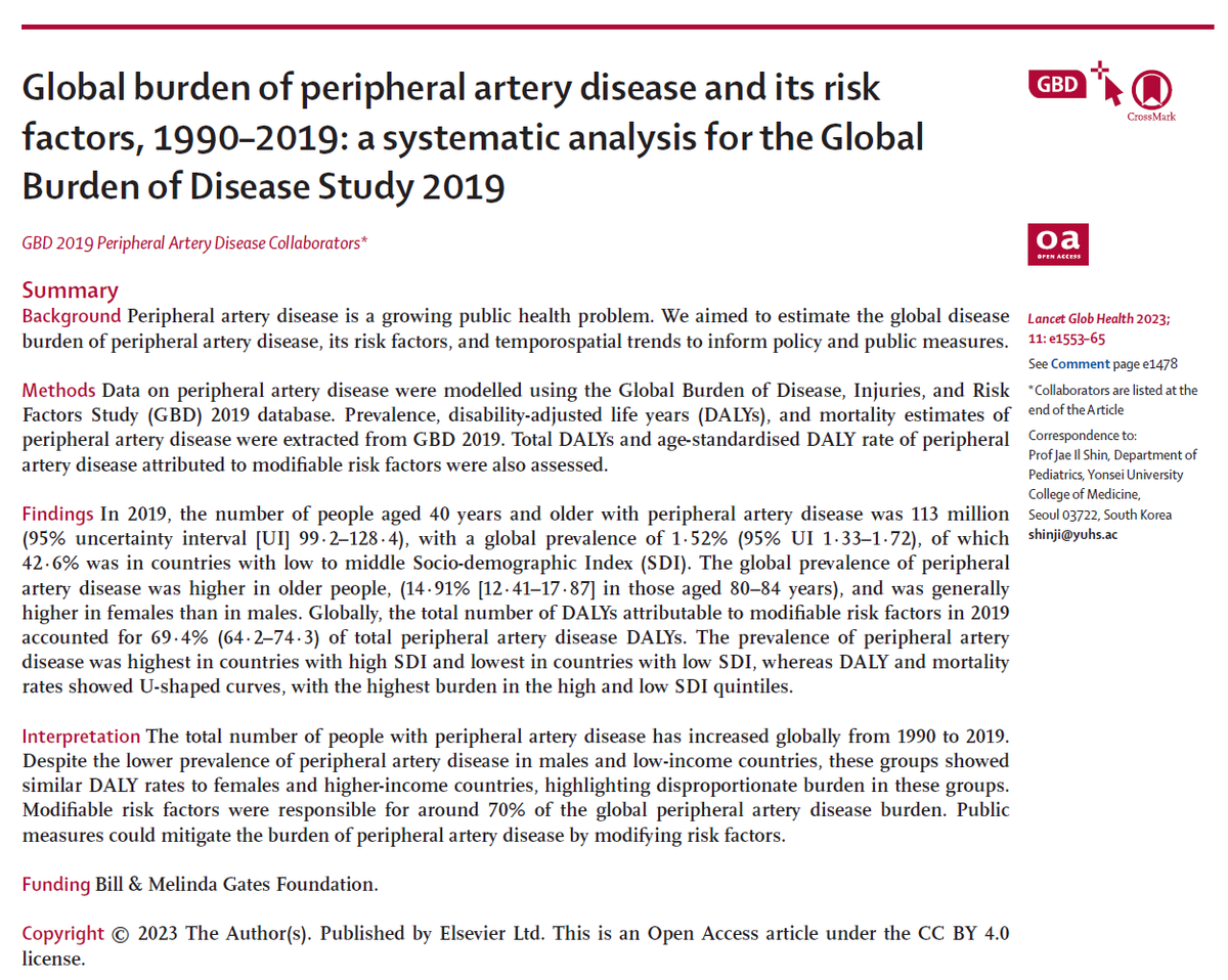 1/n Excited to see our new #GBD paper just out in
<a href="/LancetGH/">The Lancet Global Health</a>🎉 

We estimated the global burden of peripheral artery disease (PAD) and its risk factors for 204 countries and territories, 1990-2019.

Paper👇
thelancet.com/journals/langl…

Summary of paper:🧵