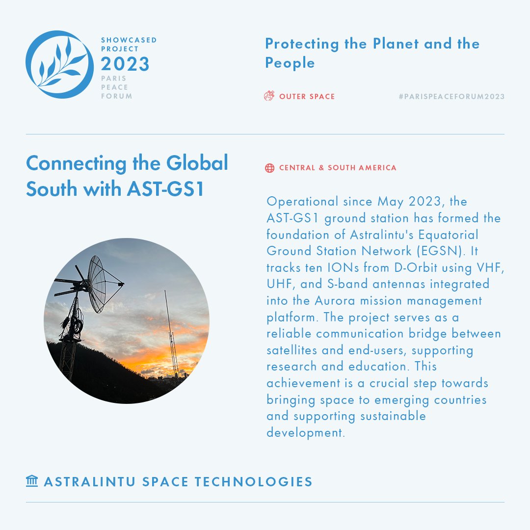 Our project, "Connecting Global South with AST-GS1," is among the top 50 #SolutionsForPeace at #ParisPeaceForum2023, focusing on fair space access for global progress and SDGs. Join us on Nov 10-11 🚀🌍. Learn more: bit.ly/3PzZskF.