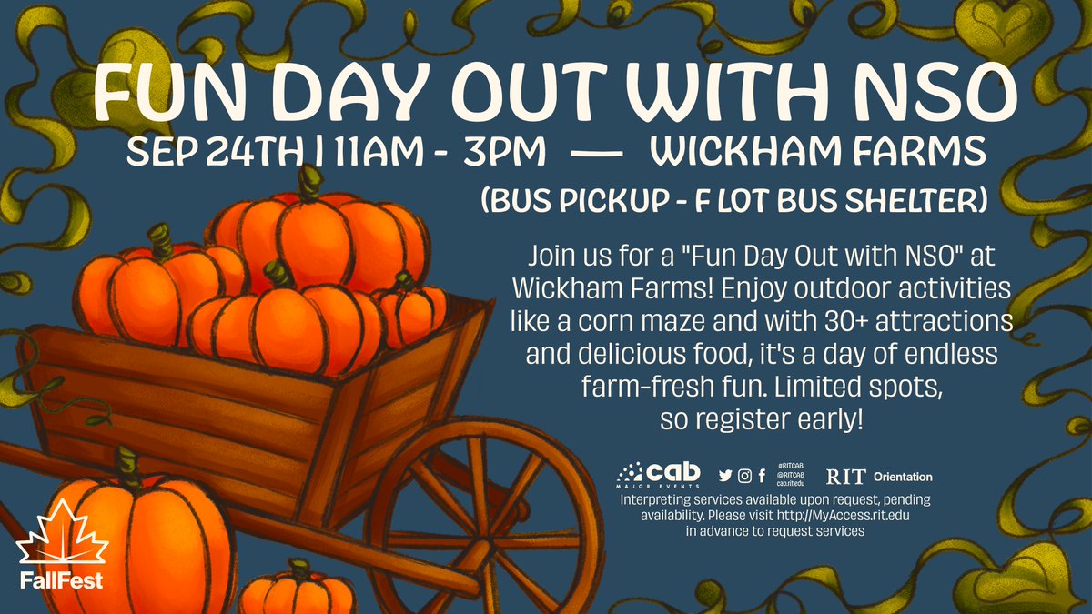 ritcab's tweet photo. *Event is full, waitlist registration currently available on Campus Groups*
🍁 Join us for an exciting outing to Wickham Farms featuring outdoor adventures like corn maze challenges, delicious food and over 30+ attractions!. Don't miss out on this autumnal delight! 🍂🎃🍎 https://t.co/F1AILm2wpq