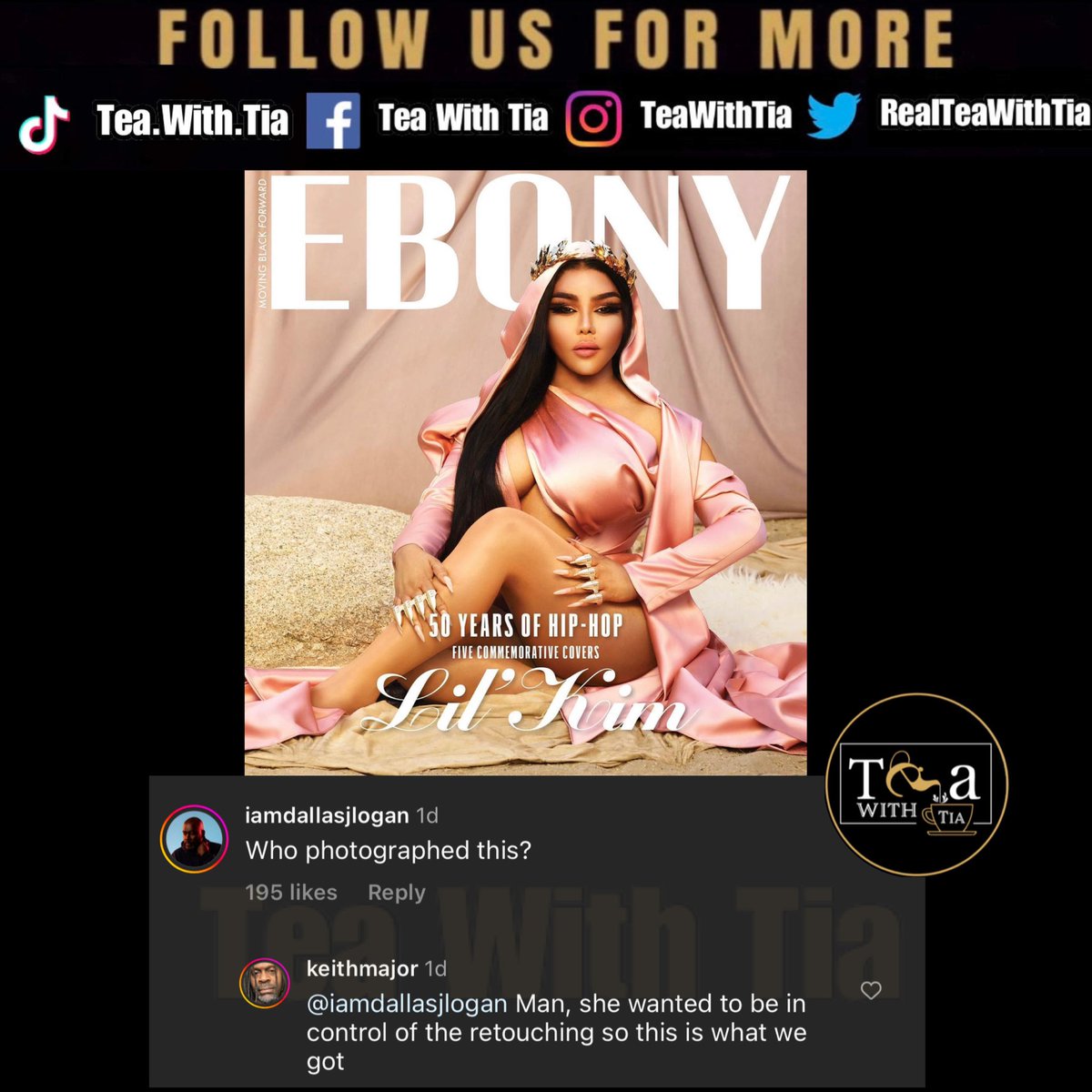 RealTeaWithTia's tweet photo. Oop 🫢 #LilKim is calling cap on photographer #KeithMajor after he says Kim was the one who was in charge of her own retouching.
According to Kim and her people, #EbonyMagazine was behind the retouching even after she didn’t approve it.
#SeeBelow for more tea on Keith 🫨 https://t.co/3QwiRFVzSD