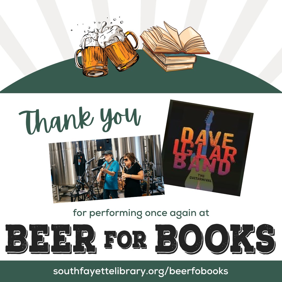 SouthFayette Library (@sfayettelibrary) on Twitter photo The Dave Iglar Band is performing again at our Beer for Books fundraiser! Thank you, @daveiglarmusic - it’s sure to be a fun night because of you!
-
About the event:
Beer for Books @ Helicon Brewing
Thursday, September 28 @ 5:00pm
Get your tickets: bit.ly/BeerForBooks23 The Dave Iglar Band is performing again at our Beer for Books fundraiser! Thank you, @daveiglarmusic - it’s sure to be a fun night because of you!
-
About the event:
Beer for Books @ Helicon Brewing
Thursday, September 28 @ 5:00pm
Get your tickets: bit.ly/BeerForBooks23