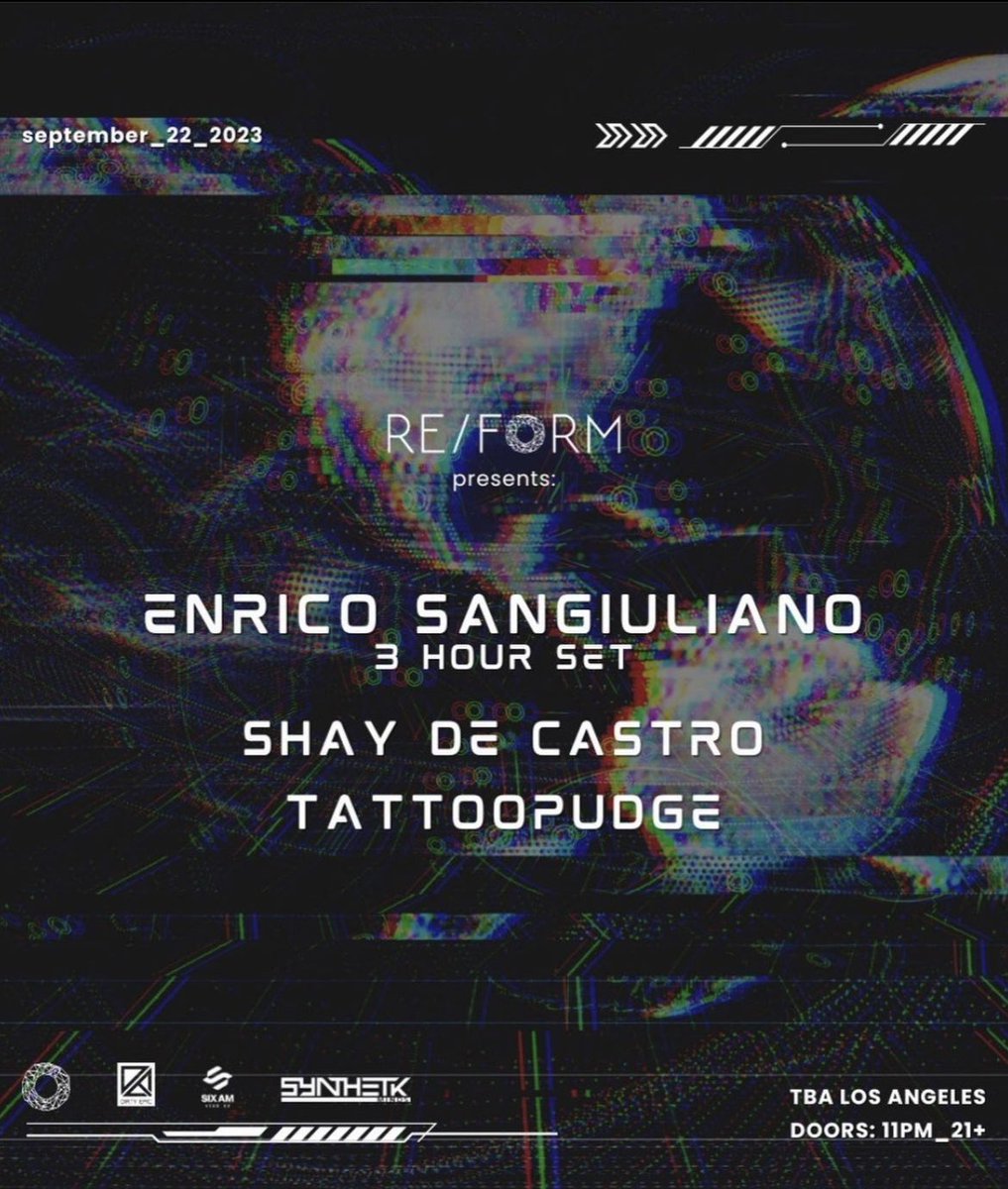 this friday September 22nd Im making my @reformpresents debut. Opening for @IAmShayDeCastro and @esangiuliano in DTLA.

link.dice.fm/2lCFMNnJeDb

#techno #undergroundtechno #reformpresents #enricosangiuliano #shaydecastro #tattoopudge #technodj #technoflag