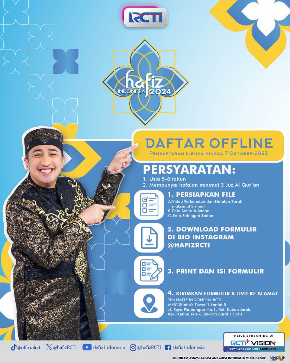 Dan buat adik - adik yang ingin daftar offline, bisa juga nih..

Cek persyaratannya ya..

#AudisiHafizIndonesia2024
#HafizIndonesia2024