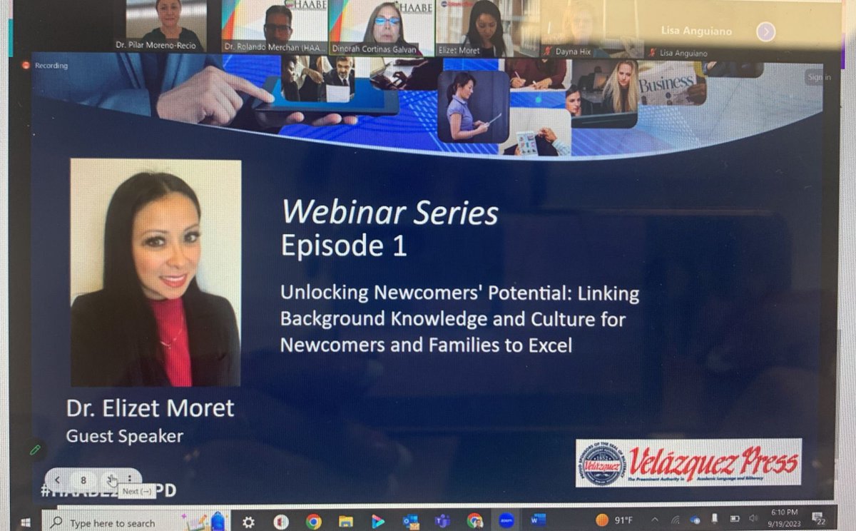 Awesome first session by Dra. Elizet Moret on “Unlocking Newcomers’ Potential”. Recording will go out to all HAABE members. Sponsored by #velazquezpress

#HAABEPD #BilingualTeachers #ESLTeachers #ProfessionalDevelopment #EmpowerYourTeaching #EnhanceYourSkills #haabecommunity