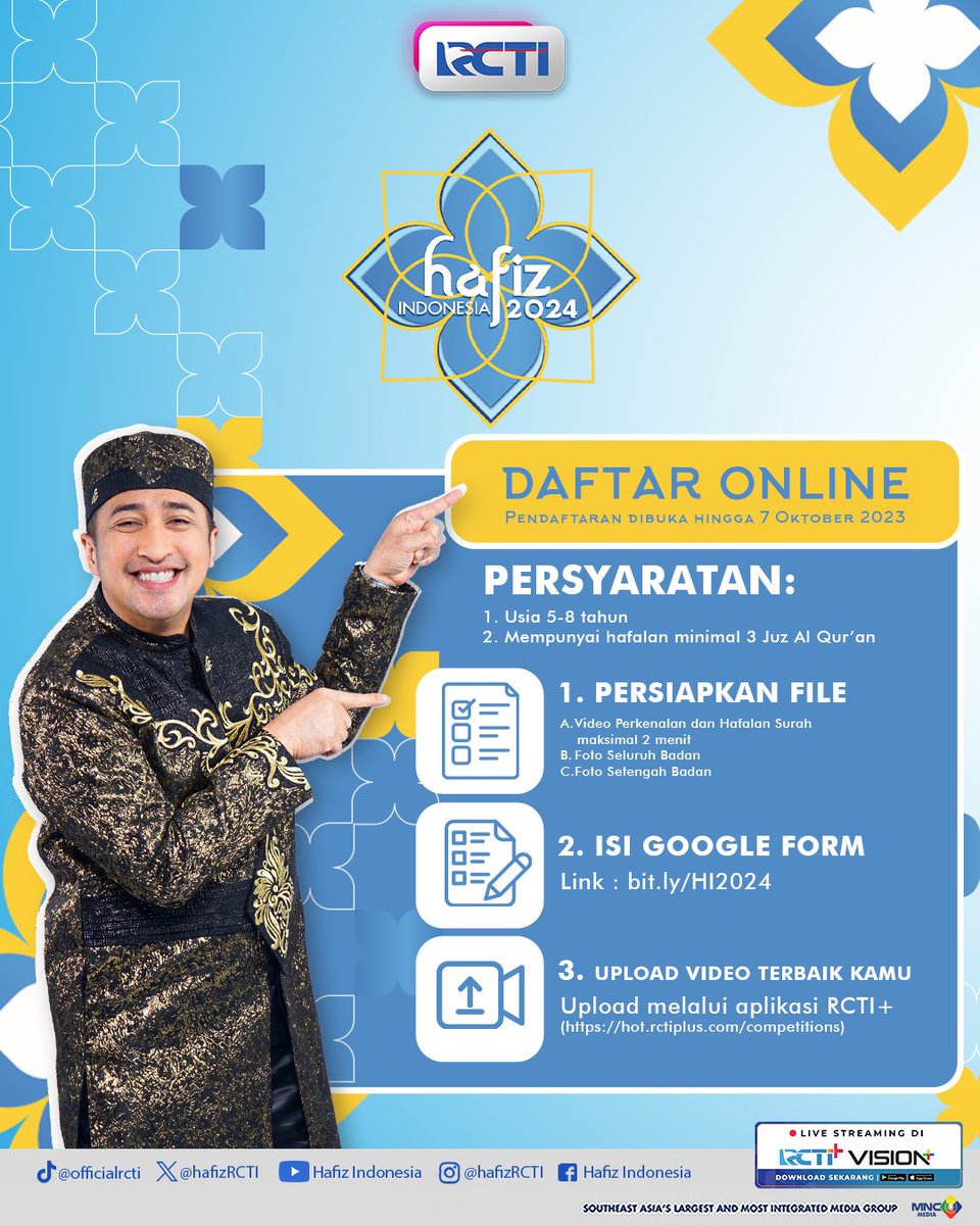 Assalamualaikum Sahabat Hafiz..

Adik-adik penghafal surah al-quran, ayo ikuti audisi Hafiz Indonesia 2024.

Buat kamu yang daftar online, perhatikan dan baca secara teliti yaa..

#HafizIndonesia2024 #AudisiHafizIndonesia2024