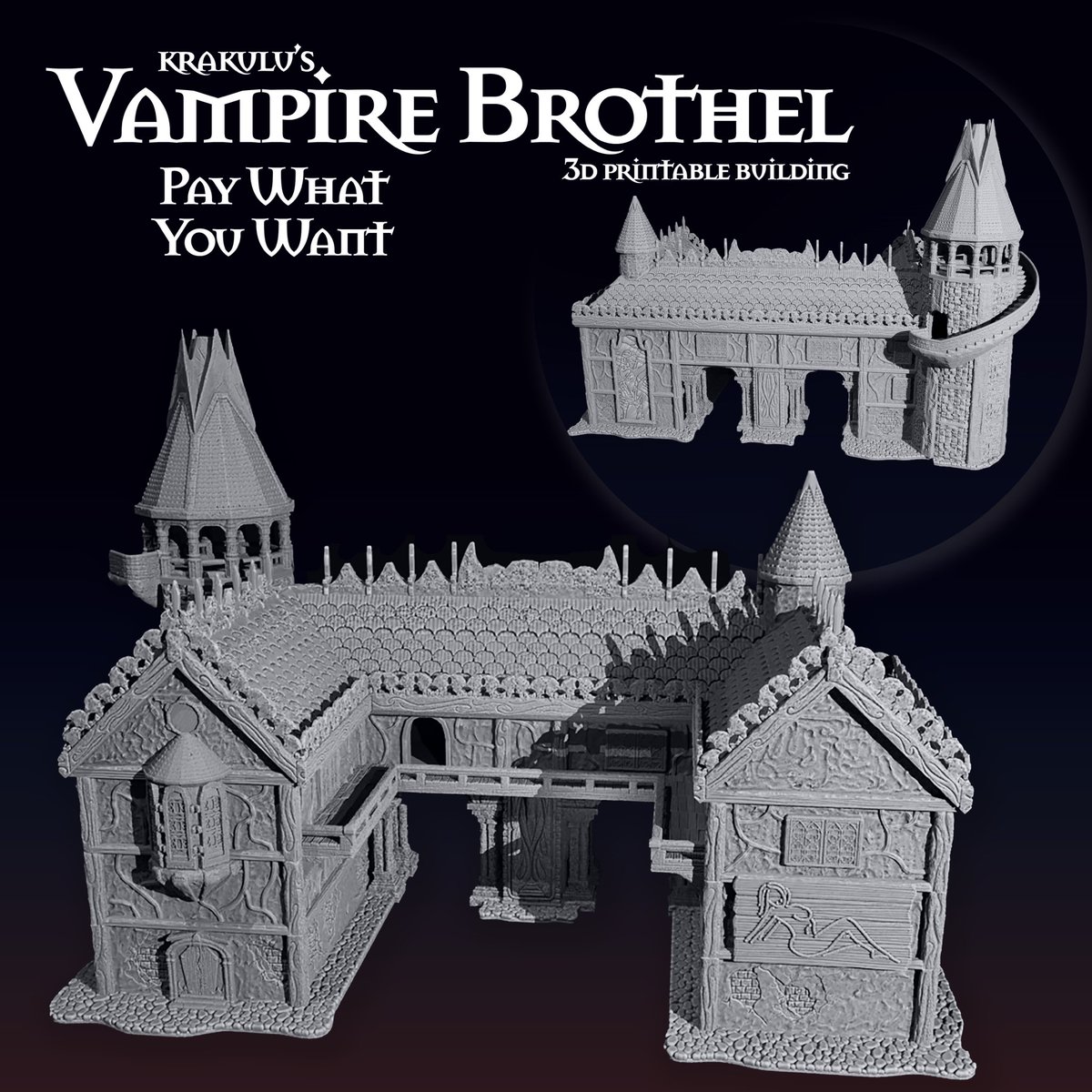 Our Vampire Brothel Kickstarter will be going live tomorrow! 

It will consist of 3D printing STLs of the huge building, have removable modular interior walls and a set of romance cushions as furnishings.

There will also be a very limited availability the physical pledge! #DnD