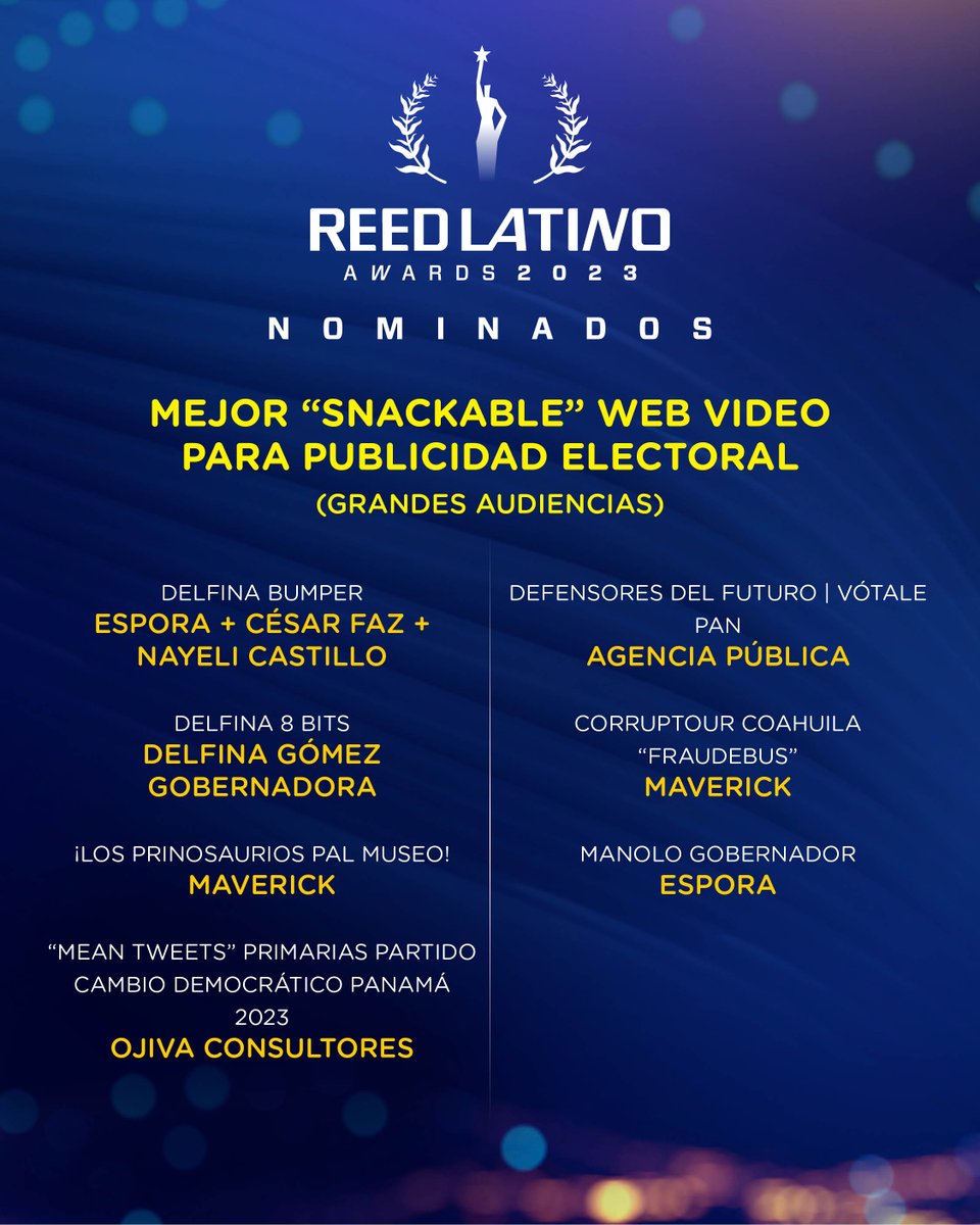 Nominados a MEJOR “SNACKABLE” WEB VIDEO PARA PUBLICIDAD ELECTORAL (GRANDES AUDIENCIAS):

⭐️ <a href="/Atelier_Espora/">Espora</a> 
⭐ <a href="/HeuristicaCom/">Heurística</a> 
⭐ MAVERICK
⭐ <a href="/AndreadeAnda/">Andrea</a> 
⭐ <a href="/PicoLove_/">PicoLove</a>