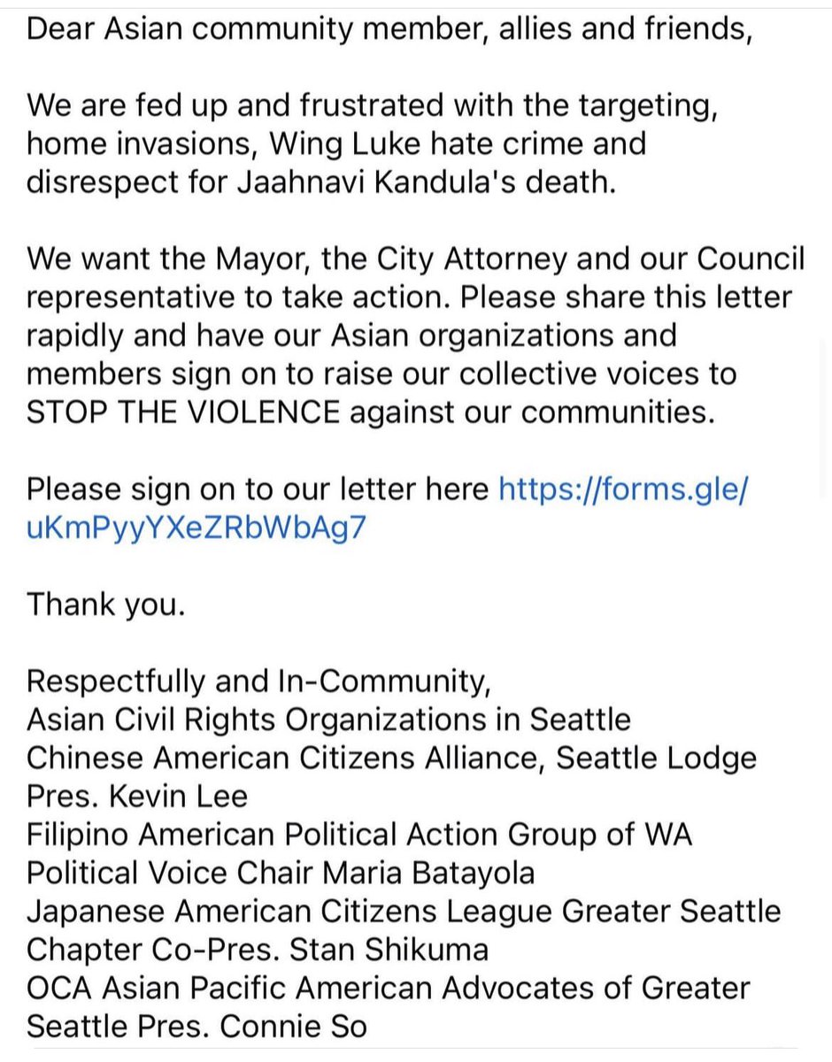 AmyChenLozano's tweet photo. 📣CALL TO ACTION📣

One Seattle is no Seattle when the Asian community has been terrorized and victimized.  We need your help and urgent actions to stop this now.

Please sign on to our letter here https://t.co/h1jCZnhhRb   

#stopasianhate https://t.co/DLc1APel9L