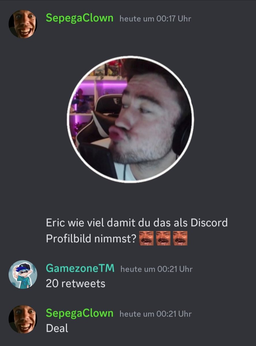 Leute, ich brauche eure Hilfe. Wir brauchen 20 Retweets damit Herr Zone dieses Wunderschöne im Stream entstande Bild als Discord Profil Bild nimmt
Helft mit dieses Ziel zu erreichen KEKW