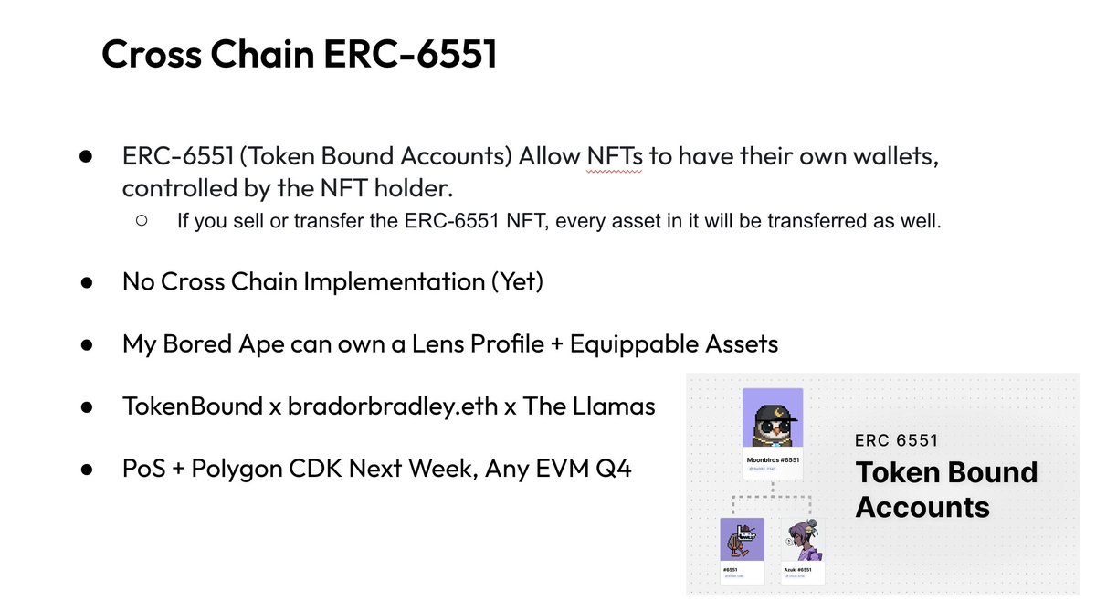 ERC-6551 is the perfect example of composability, however its real power comes out once it can be used crosschain. @brad_or_bradley @tokenboundlabs & @WenLlama took the initiative to allow crosschain 6551 between PoS, zkEVM and Ethereum, with any EVM chain coming in Q4.