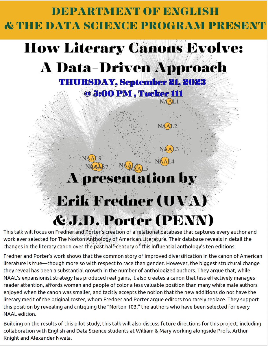 A very interesting presentation on #DataScience and #English at <a href="/williamandmary/">William & Mary</a> on 9/21, 5:00pm.
<a href="/WMdatascience/">William & Mary Data Science</a>