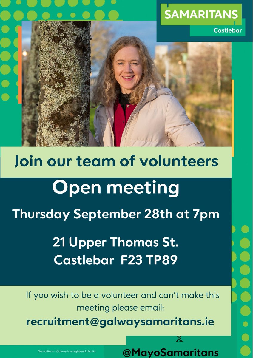 📌We’re recruiting new volunteers! If you think you can be there for people who need someone to talk to, then volunteering with Samaritans might be for you 💚 Open Meeting: 📍21 Upr Thomas St, Castlebar F23 TP89 🕖 Thursday Sept 28 @ 7pm Or email: recruitment@galwaysamaritans.ie