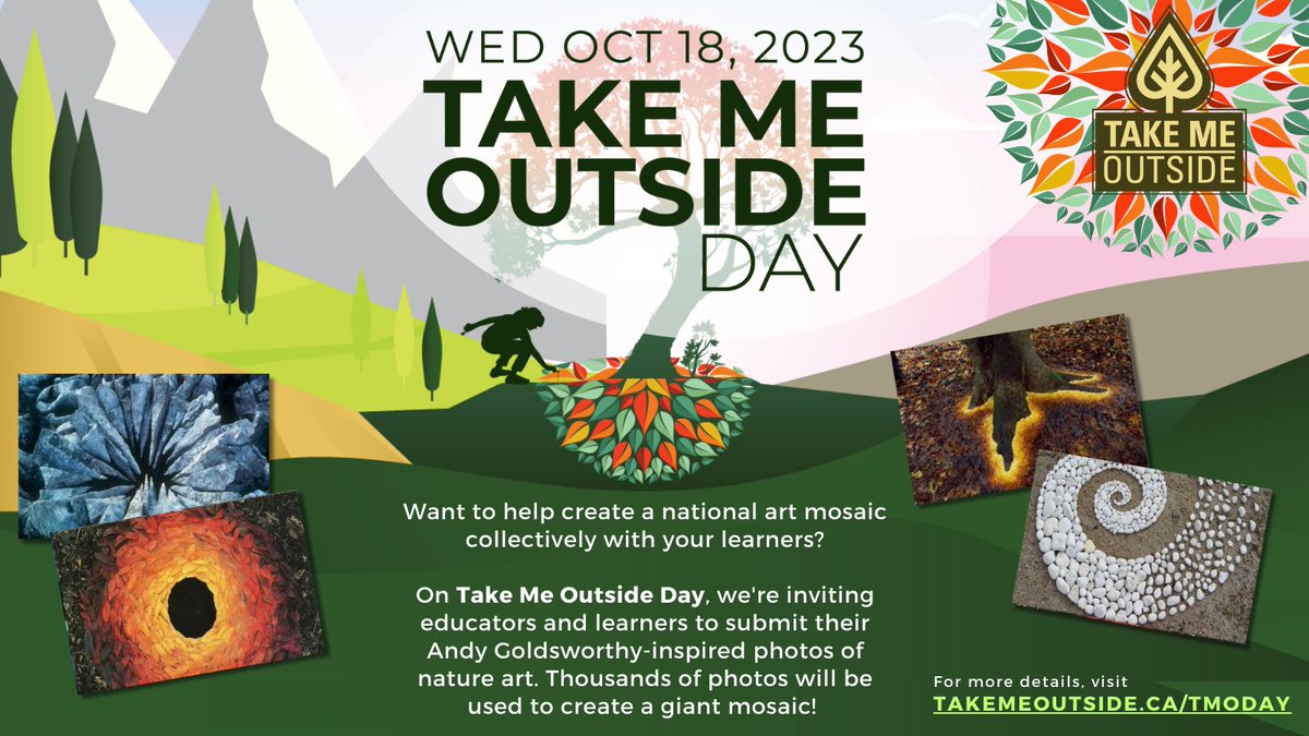 On Take Me Outside Day this year, we're asking everyone to head outside &amp; make nature art!
Visit our website for Andy Goldsworthy-inspired ideas  🍂 Then, send us a photo  📸 We're going to create a huge mosaic of all the submissions to celebrate in a way like never before!