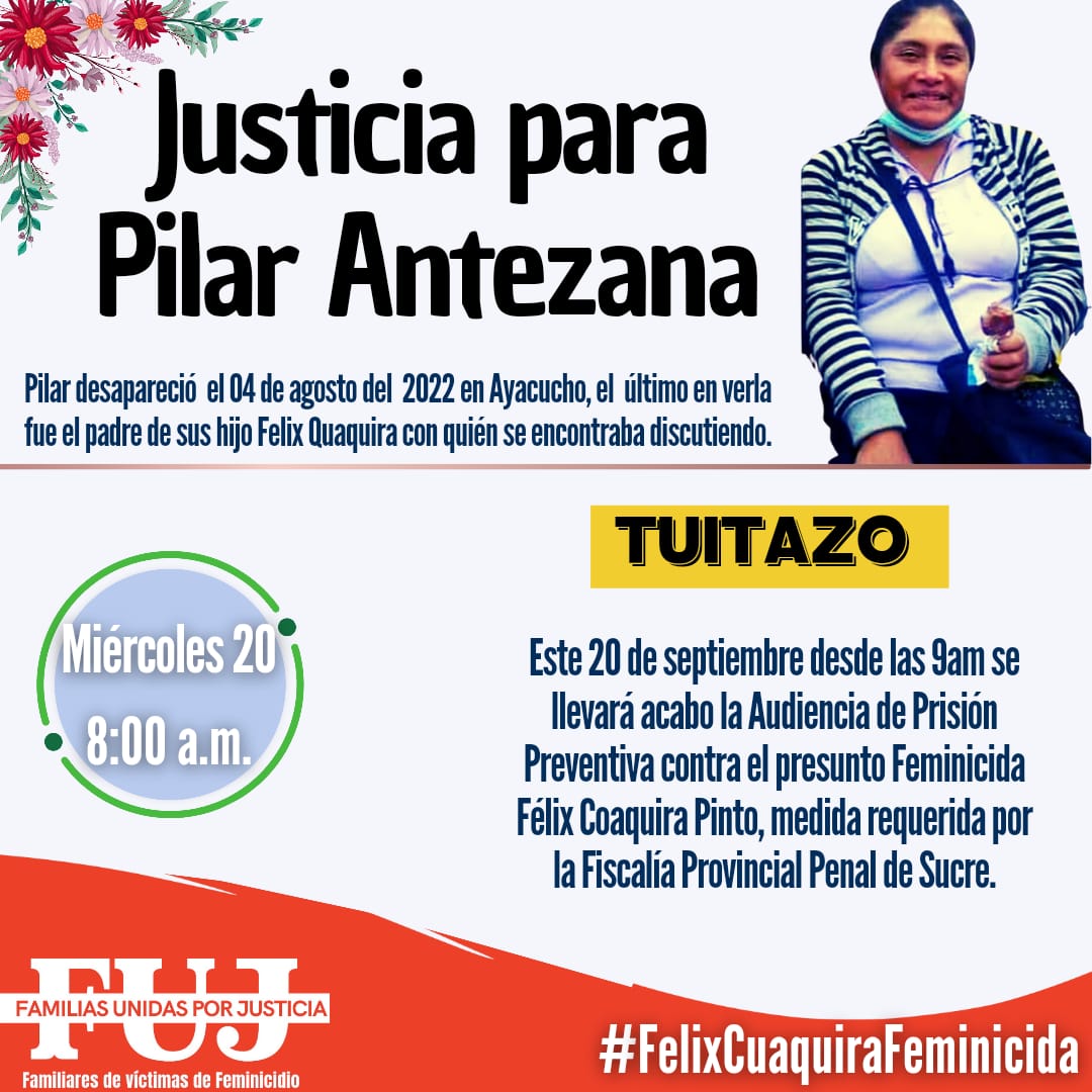 FamiliasNi's tweet photo. #JusticiaParaPilarAntezana 
#PrisiónPreventivaYa  

Súmate al tuitazo desde las 9am y exijamos al JUZGADO DE INVESTIGACIÓN PREPARATORIA VICTOR FAJARDO que dicte la medida de prisión preventiva contra el presunto Feminicida Félix Coaquira Pinto.

@CsjAyacucho exigimos ¡JUSTICIA! https://t.co/l5AfyXzqew