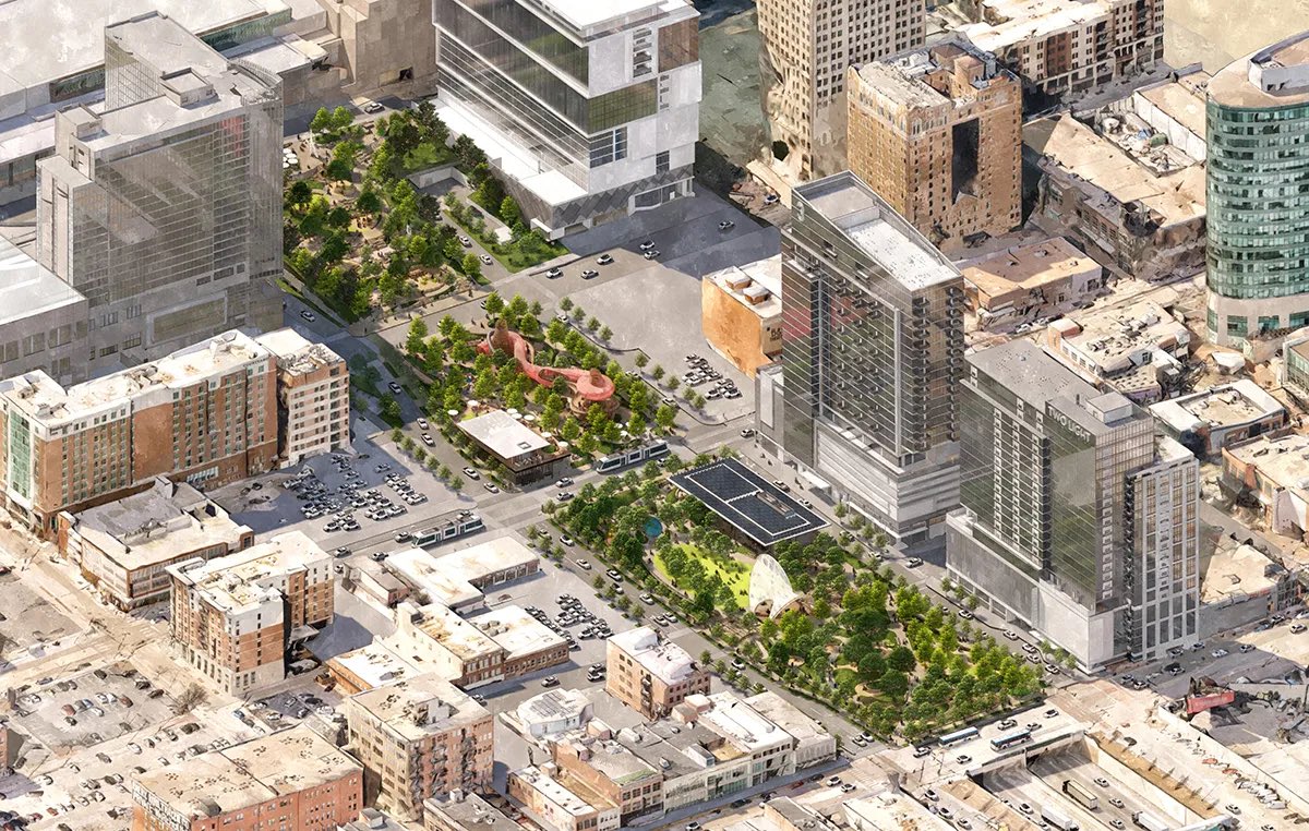 KevinBarryKC's tweet photo. Looking at the just-released South Loop Project renderings tonight! 

Latest plans explore closing Walnut Street - creating an eastern super block. https://t.co/OscQZMJPfP