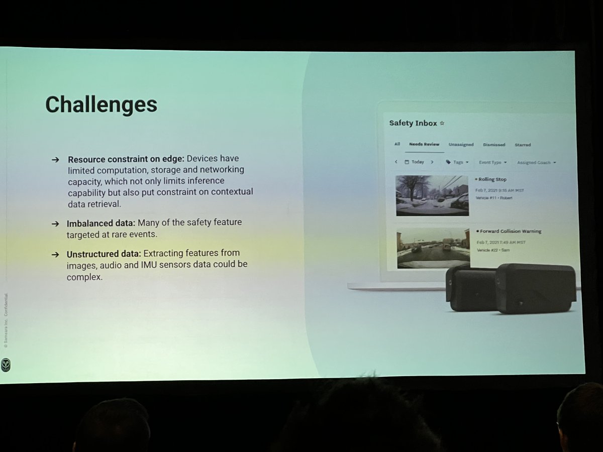 Challenges of @samsara's AI/ML applications. Edge computing & power mgmt, data imbalance (critical events happen but rarely), unstructured data (huge volume of images to process). #raysummit #AI #ML hubs.ly/Q022NyPy0