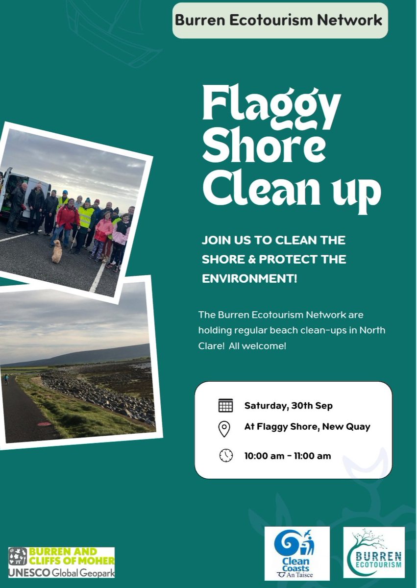 The Burren Ecotourism Network  is resuming its monthly cleanups &amp; inviting members of the community to get involved to tackle waste in the region. First clean-up is scheduled for Flaggy Shore on Saturday 30th September, 10am-11am. #burren #flaggyshore <a href="/visitclare/">Visit Clare</a> <a href="/BurrenGeopark/">Burren and Cliffs of Moher UNESCO Global Geopark</a>