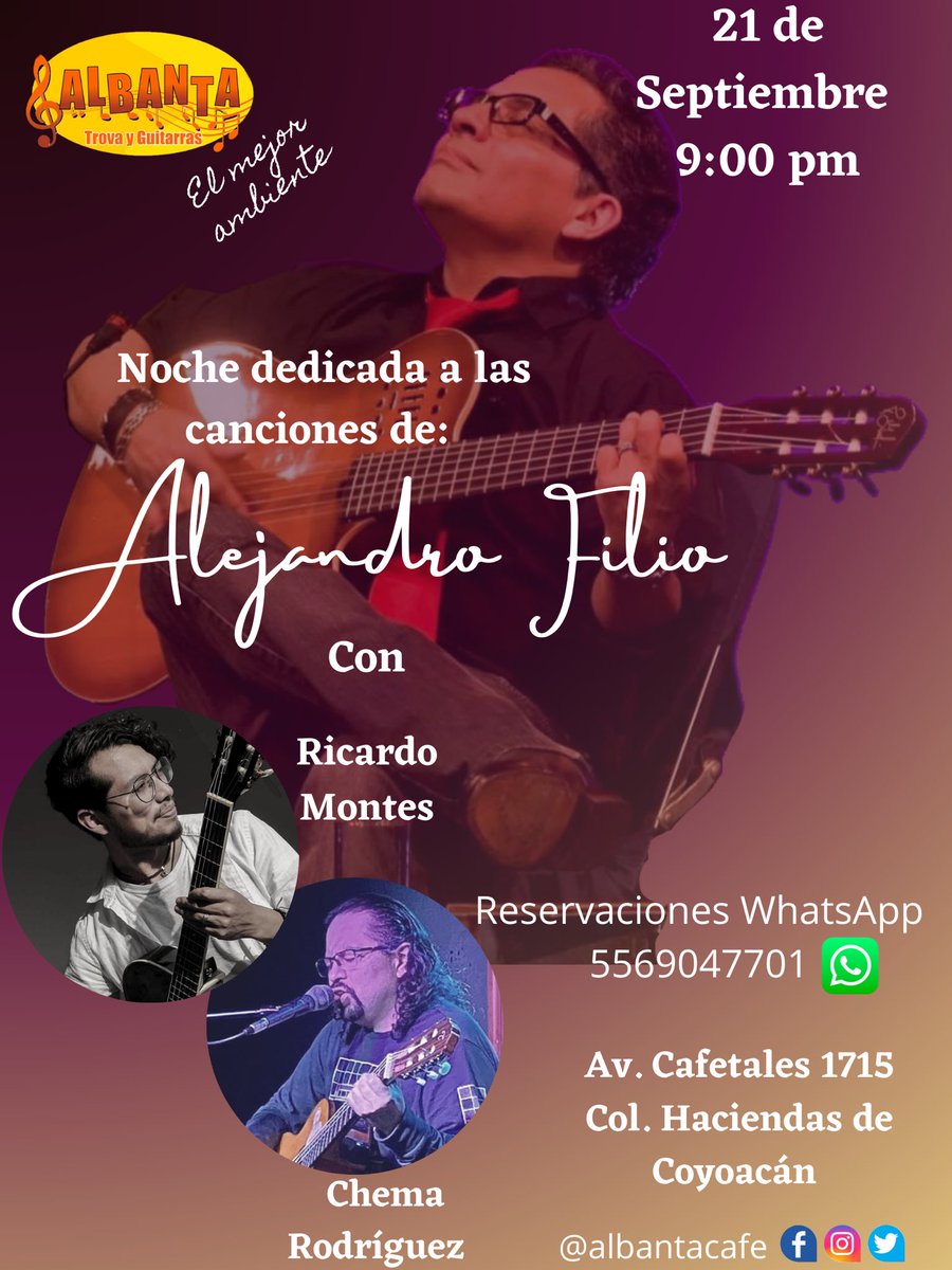 ¡ESTE JUEVES!

Concierto dedicado a la obra de Alejandro Filio. 

Interpretan: Ricardo Montes y Chema Rodríguez. 

Aparta tu lugar en WhatsApp 55 6904 7701 

#albantacontigo #EscuchaTrova #lomejordelomejor #Albanta #trova #peñas #ChemaRodríguez #ricardomontes #filio